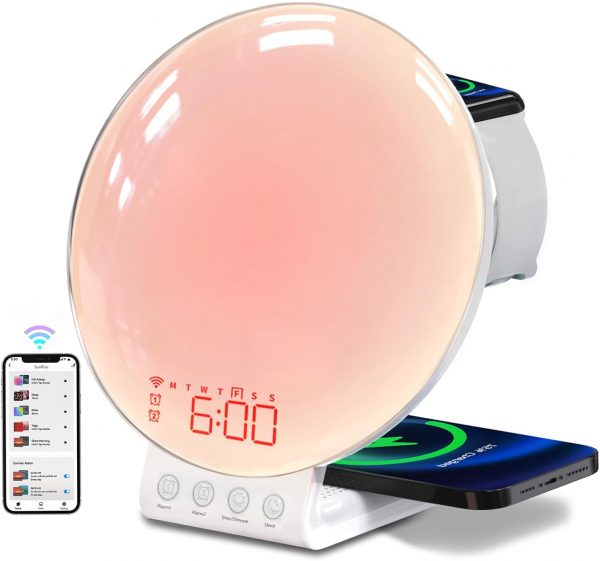 Sunrise Alarm Clock Wireless Charging, Alexa & App Controlled Smart Alarm Clock, Wake up Light for Heavy Sleepers Kids, Sunset Lamp Reveil Matin for Bedrooms w/ 11 Light Effects 15 Sounds